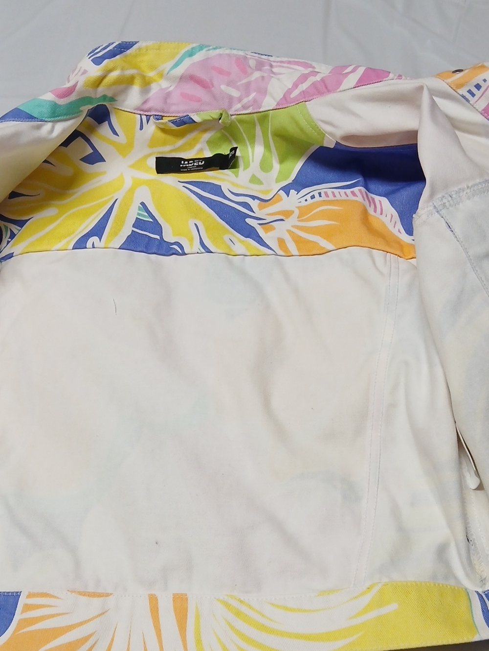 Jaded London Cropped Denim Trucker Jacket Multicolor Tropical Floral Print Sz L - Picture 14 of 16